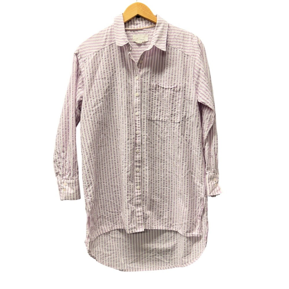 Anthropologie Button Up Shirt Womens Small Striped Purple Seersucker Tunic